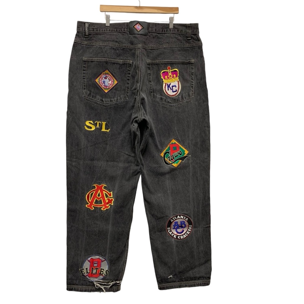 Negro‎ League Baggy Fit Baseball Jeans 44 x 34 Embroidered Patches Black Grey * - Picture 7 of 14